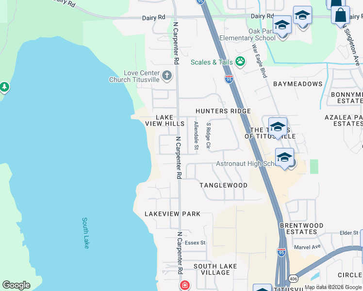 map of restaurants, bars, coffee shops, grocery stores, and more near 920 North Carpenter Road in Titusville