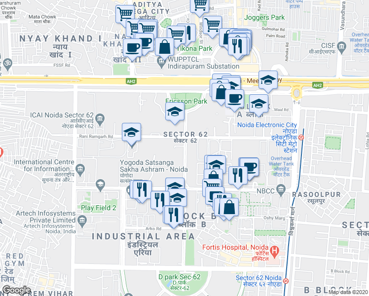 map of restaurants, bars, coffee shops, grocery stores, and more near in Noida