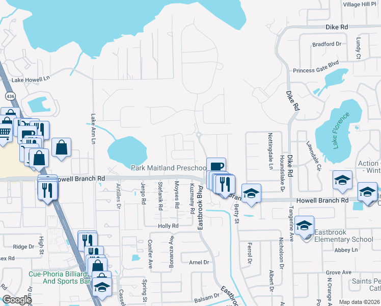 map of restaurants, bars, coffee shops, grocery stores, and more near 2221 Shadowland Loop in Winter Park