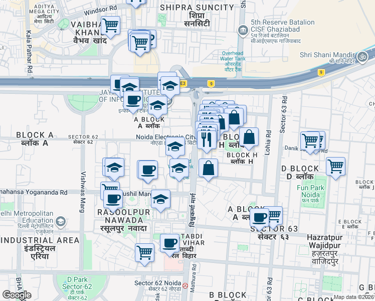 map of restaurants, bars, coffee shops, grocery stores, and more near in Noida
