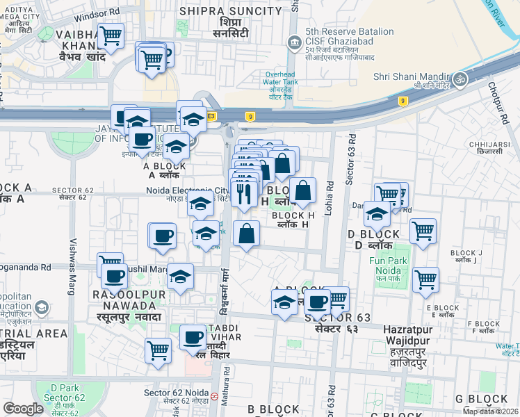 map of restaurants, bars, coffee shops, grocery stores, and more near in Noida