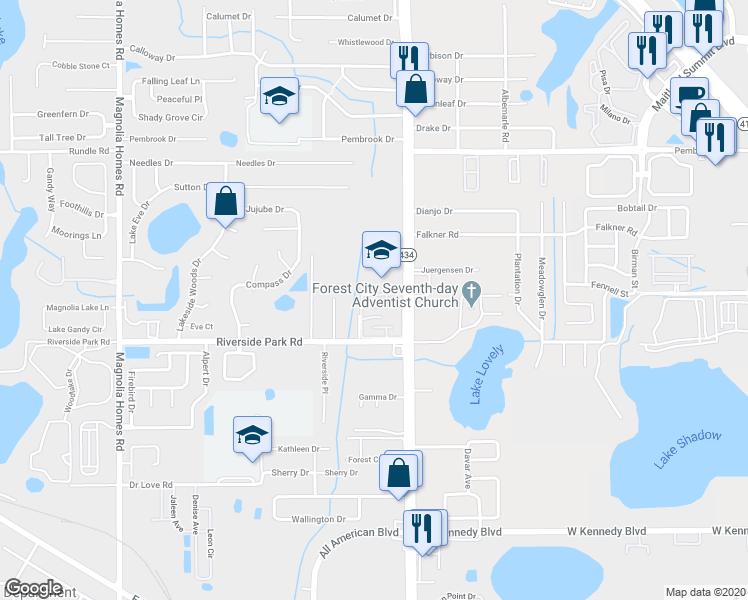 map of restaurants, bars, coffee shops, grocery stores, and more near 7750 Orange Place in Orlando