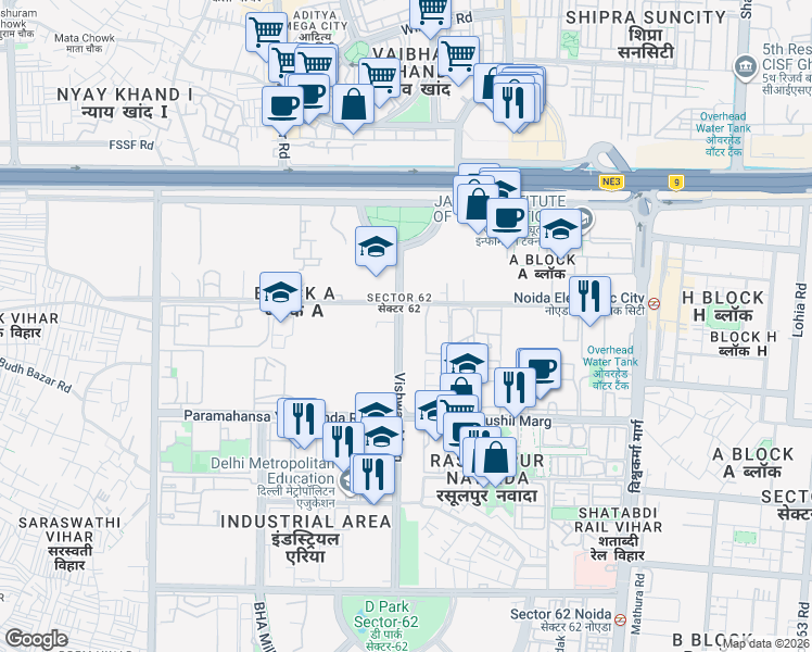 map of restaurants, bars, coffee shops, grocery stores, and more near in Noida
