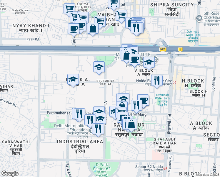 map of restaurants, bars, coffee shops, grocery stores, and more near in Noida