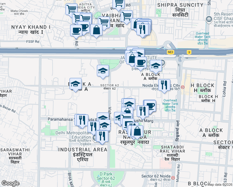 map of restaurants, bars, coffee shops, grocery stores, and more near in Noida