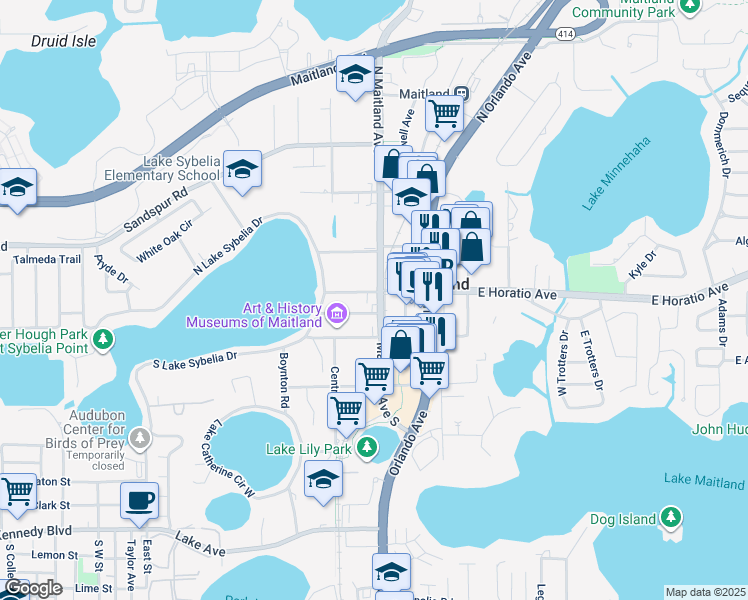 map of restaurants, bars, coffee shops, grocery stores, and more near in Maitland