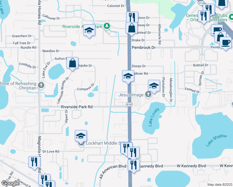 map of restaurants, bars, coffee shops, grocery stores, and more near 7662 Forest City Road in Orlando
