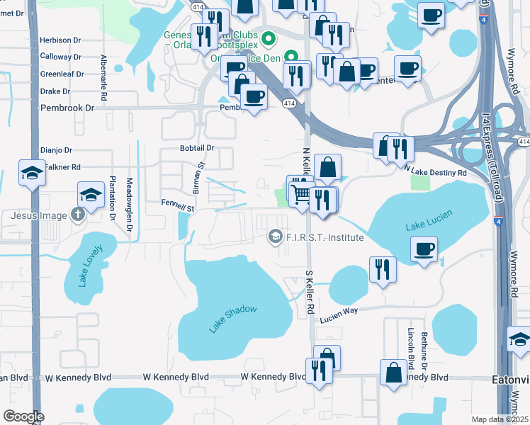 map of restaurants, bars, coffee shops, grocery stores, and more near 2329 Shadow View Circle in Maitland