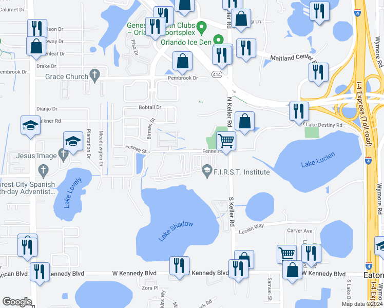 map of restaurants, bars, coffee shops, grocery stores, and more near 1847 Fennell Street in Maitland