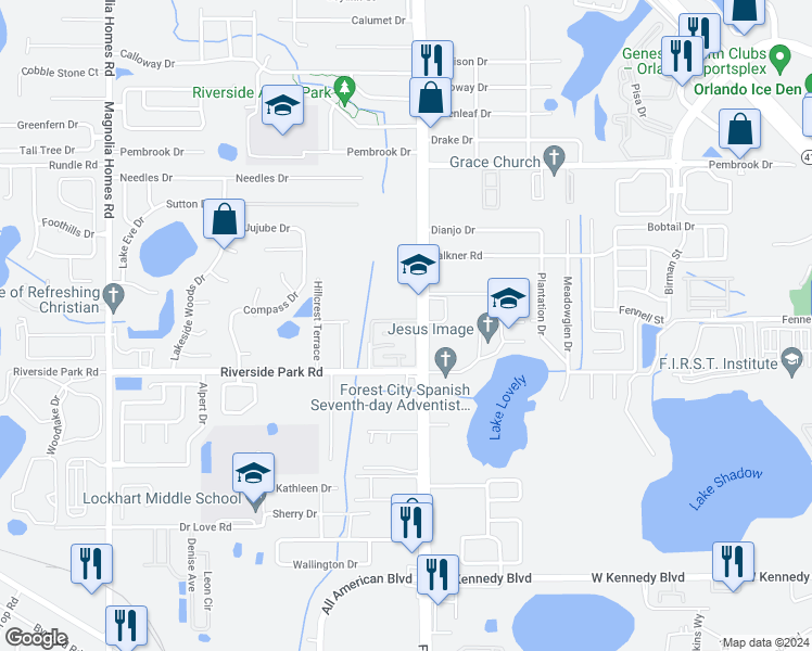 map of restaurants, bars, coffee shops, grocery stores, and more near 7856 Forest City Road in Orlando