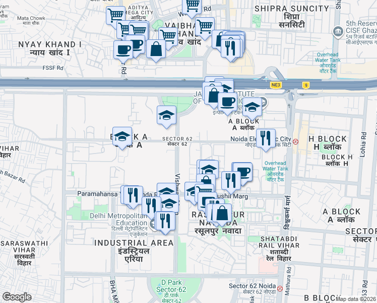 map of restaurants, bars, coffee shops, grocery stores, and more near in Noida