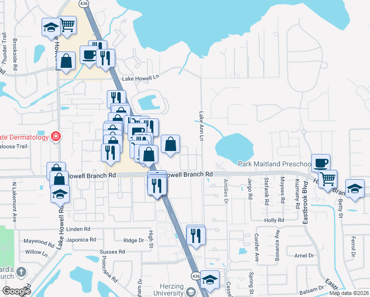 map of restaurants, bars, coffee shops, grocery stores, and more near 1629 Florentino Lane in Winter Park