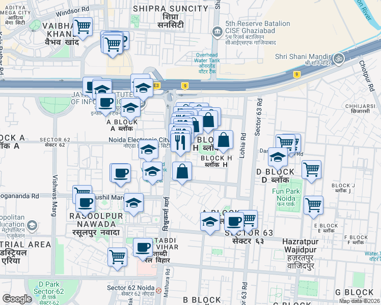 map of restaurants, bars, coffee shops, grocery stores, and more near in Noida