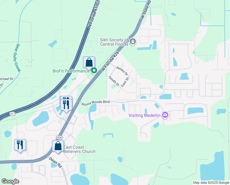 map of restaurants, bars, coffee shops, grocery stores, and more near 3158 East Street in Oviedo