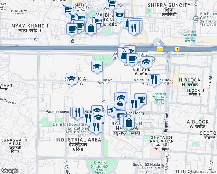 map of restaurants, bars, coffee shops, grocery stores, and more near in Noida