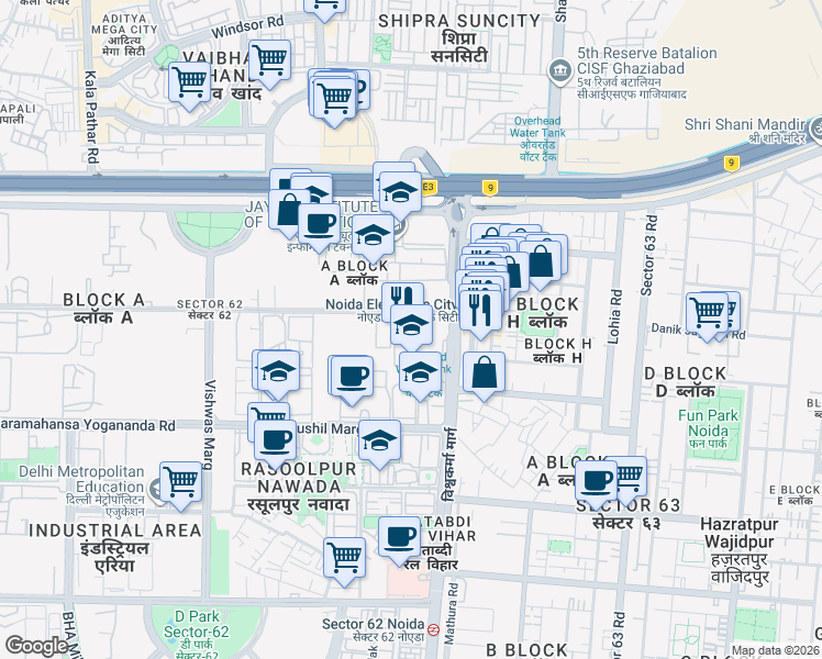 map of restaurants, bars, coffee shops, grocery stores, and more near in Noida