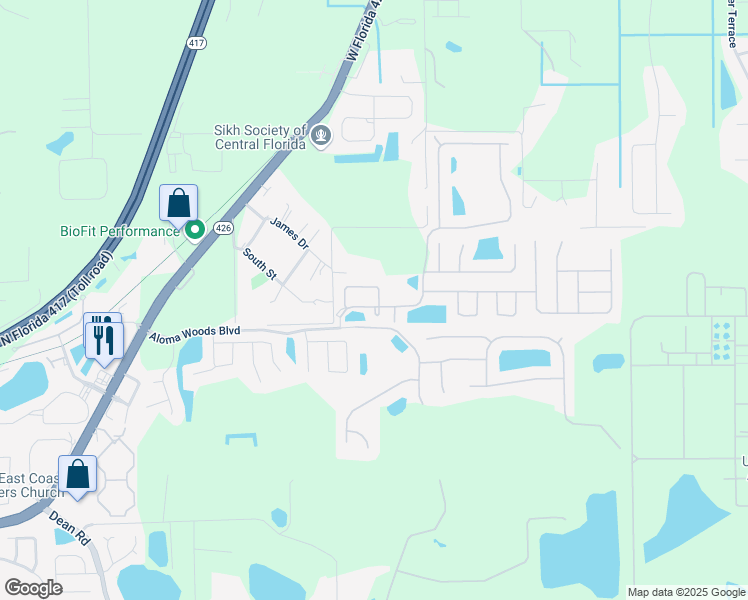 map of restaurants, bars, coffee shops, grocery stores, and more near 2858 Aloma Oaks Drive in Oviedo