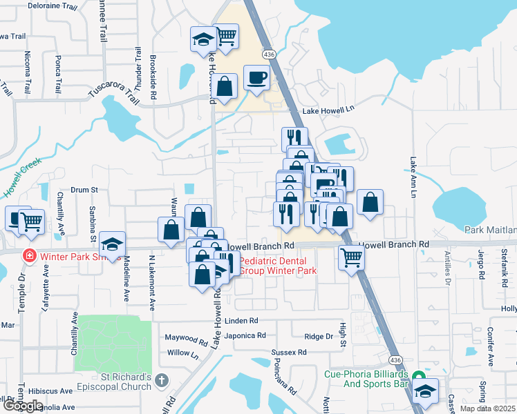map of restaurants, bars, coffee shops, grocery stores, and more near 559 Flemming Way in Maitland