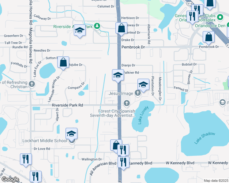 map of restaurants, bars, coffee shops, grocery stores, and more near 7856 Forest City Road in Orlando