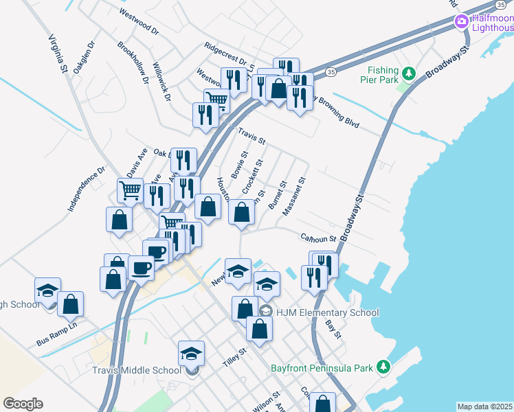 map of restaurants, bars, coffee shops, grocery stores, and more near 114 Bonham Street in Port Lavaca