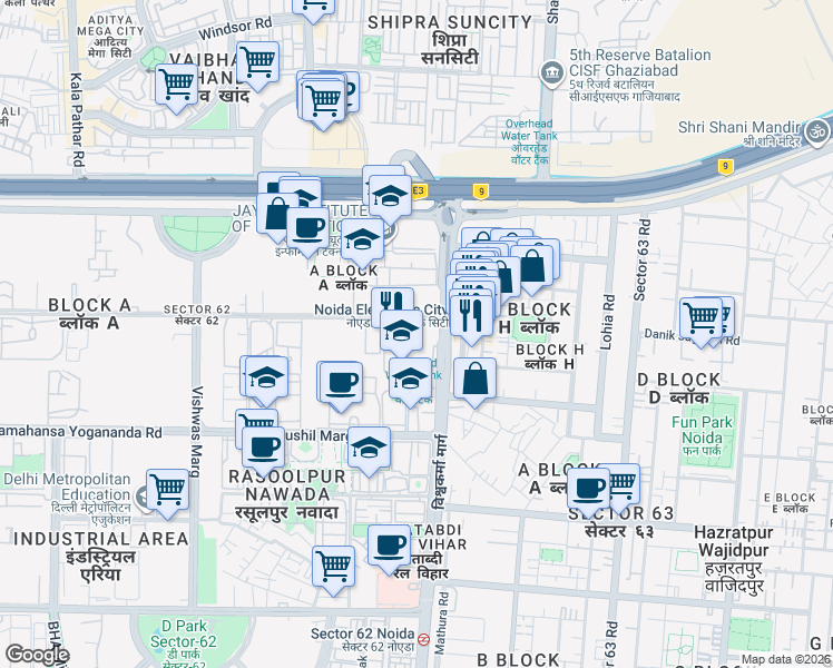 map of restaurants, bars, coffee shops, grocery stores, and more near in Noida