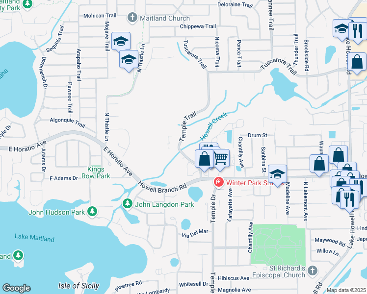 map of restaurants, bars, coffee shops, grocery stores, and more near 2917 Temple Trail in Winter Park