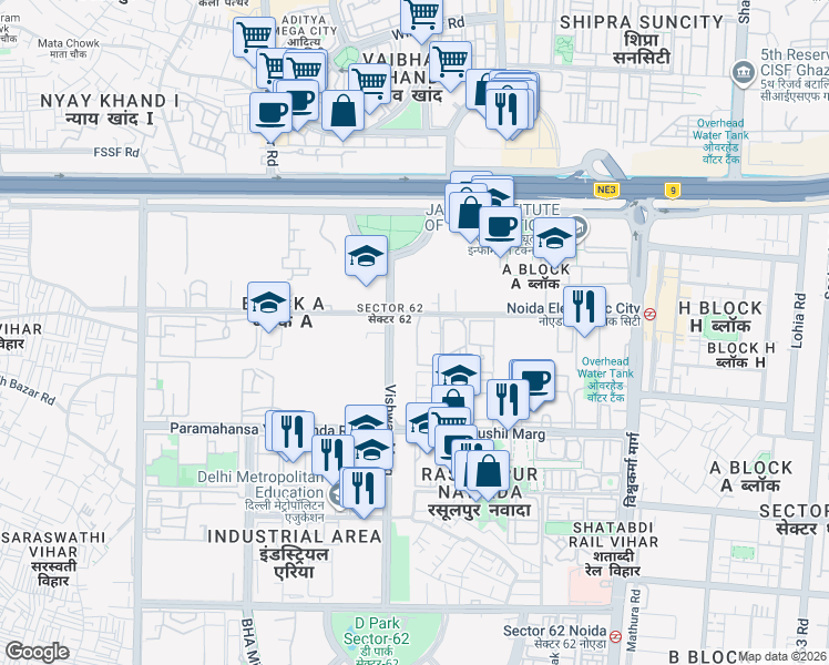 map of restaurants, bars, coffee shops, grocery stores, and more near in Noida