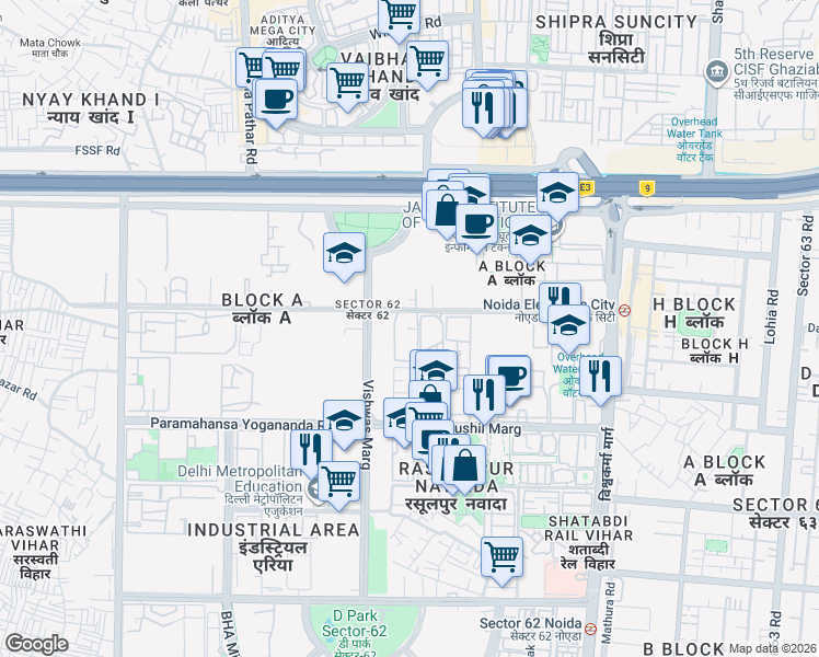 map of restaurants, bars, coffee shops, grocery stores, and more near Rani Ramgarh Road in Noida