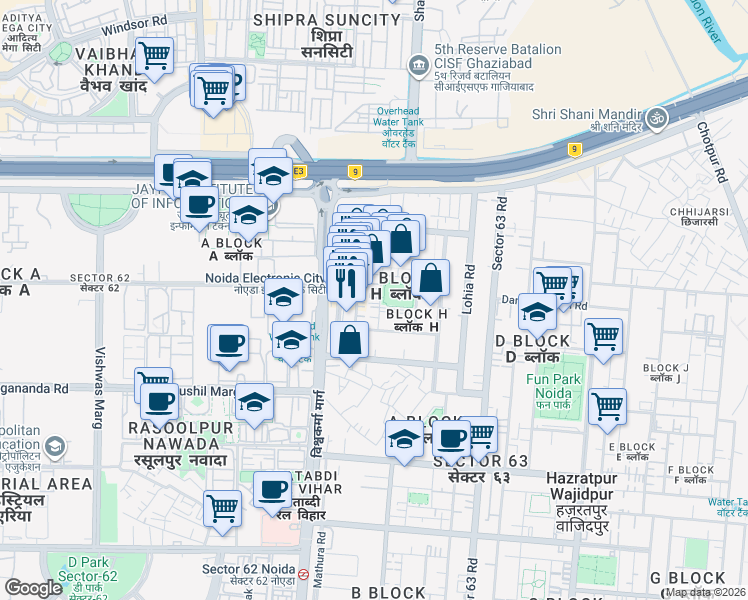 map of restaurants, bars, coffee shops, grocery stores, and more near in Noida