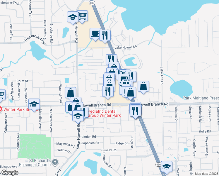 map of restaurants, bars, coffee shops, grocery stores, and more near 1455 Semoran Boulevard in Eatonville