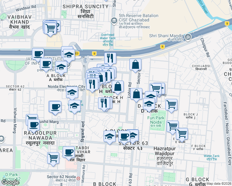 map of restaurants, bars, coffee shops, grocery stores, and more near in Noida
