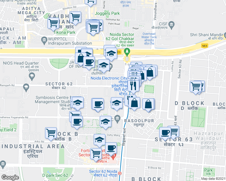 map of restaurants, bars, coffee shops, grocery stores, and more near in Noida