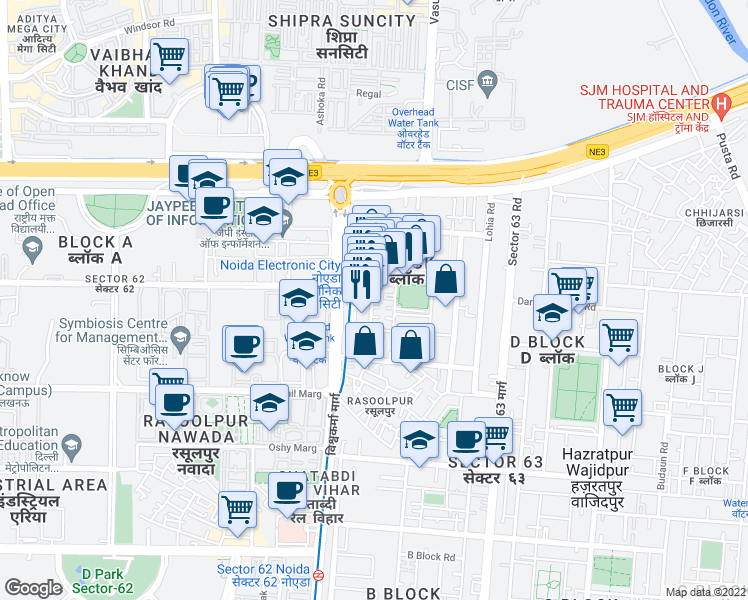map of restaurants, bars, coffee shops, grocery stores, and more near in Noida