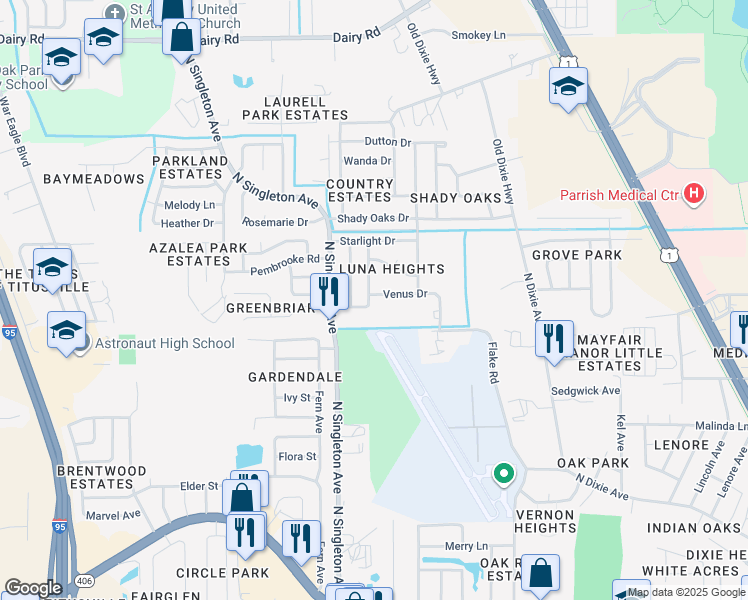 map of restaurants, bars, coffee shops, grocery stores, and more near 2795 Venus Drive in Titusville