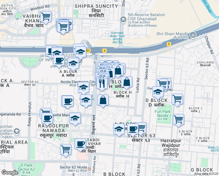 map of restaurants, bars, coffee shops, grocery stores, and more near in Noida