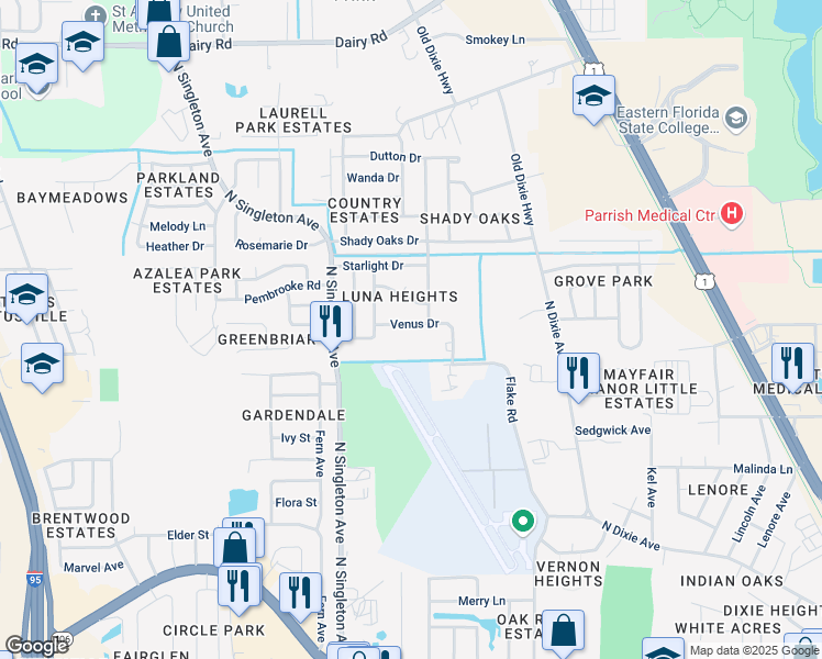map of restaurants, bars, coffee shops, grocery stores, and more near 2745 Venus Drive in Titusville