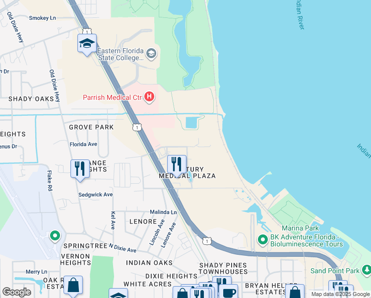 map of restaurants, bars, coffee shops, grocery stores, and more near 1655 Jess Parrish Court in Titusville