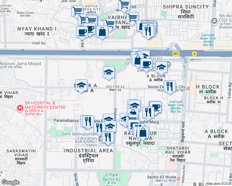 map of restaurants, bars, coffee shops, grocery stores, and more near in Noida