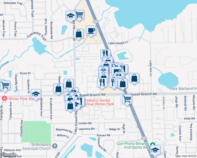map of restaurants, bars, coffee shops, grocery stores, and more near 559 Flemming Way in Maitland