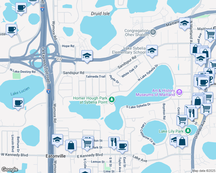 map of restaurants, bars, coffee shops, grocery stores, and more near 1140 Willowbrook Trail in Maitland