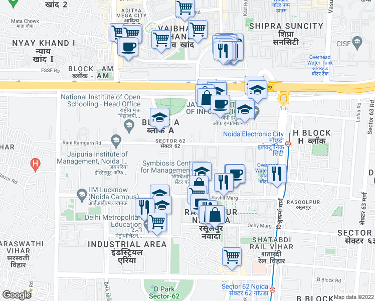 map of restaurants, bars, coffee shops, grocery stores, and more near Rani Ramgarh Road in Noida