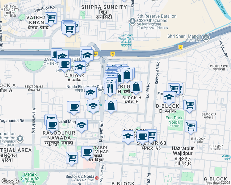 map of restaurants, bars, coffee shops, grocery stores, and more near in Noida
