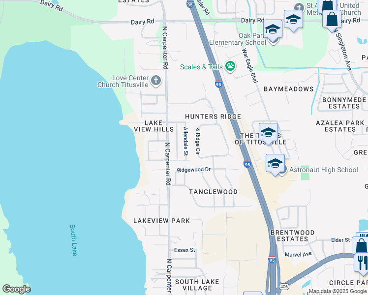 map of restaurants, bars, coffee shops, grocery stores, and more near 900 Allendale Street in Titusville