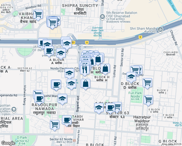 map of restaurants, bars, coffee shops, grocery stores, and more near in Noida