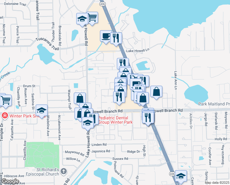 map of restaurants, bars, coffee shops, grocery stores, and more near 1455 Semoran Boulevard in Eatonville