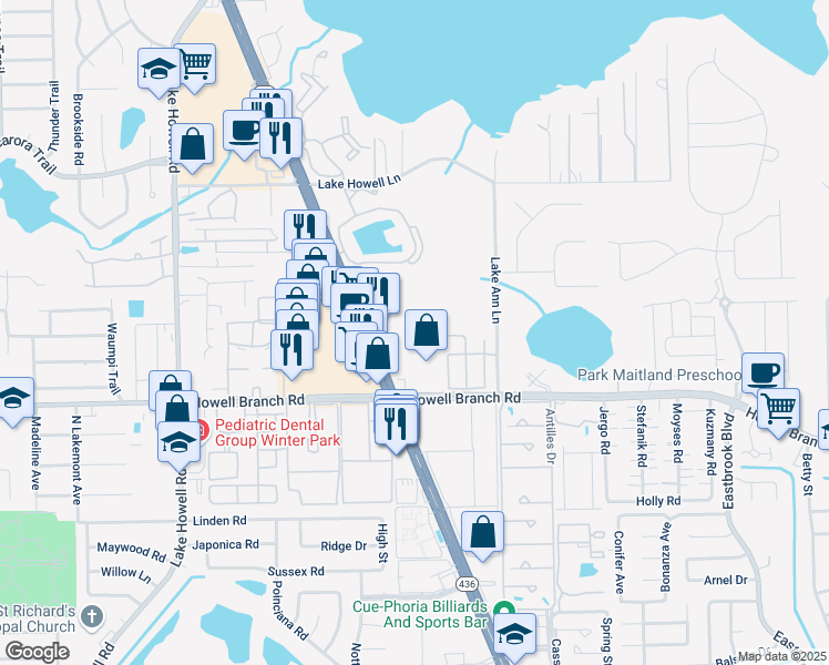 map of restaurants, bars, coffee shops, grocery stores, and more near 1476 Ash Circle in Casselberry
