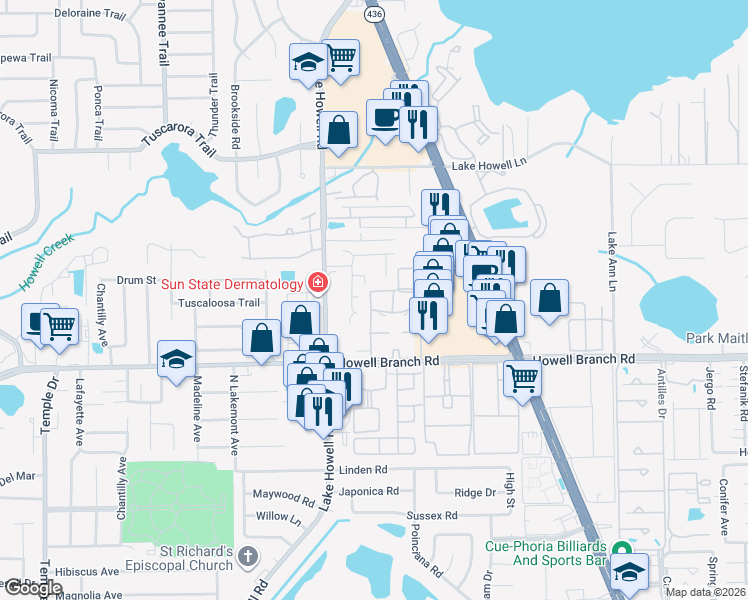 map of restaurants, bars, coffee shops, grocery stores, and more near 441 Citrus Lane in Maitland