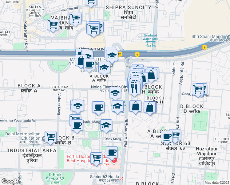 map of restaurants, bars, coffee shops, grocery stores, and more near in Noida