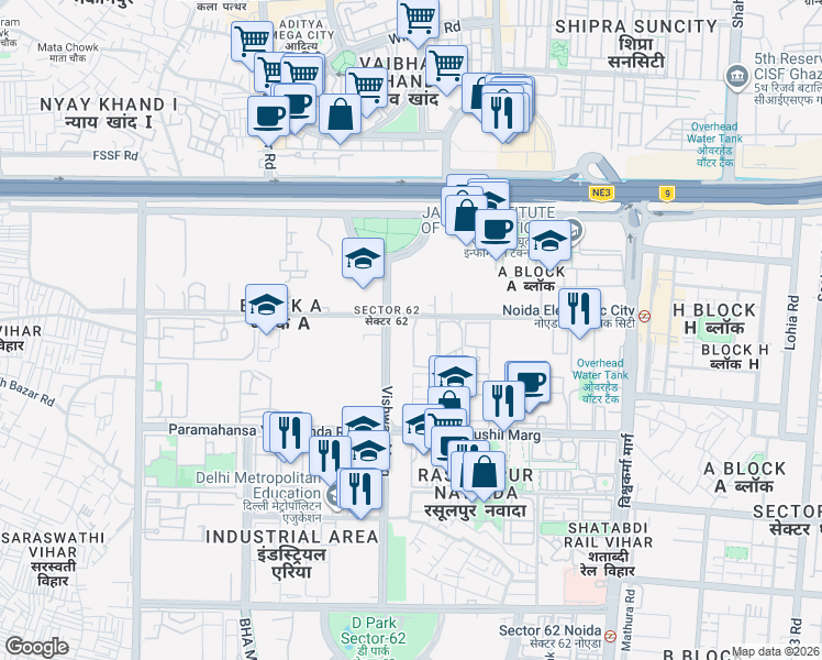 map of restaurants, bars, coffee shops, grocery stores, and more near in Noida