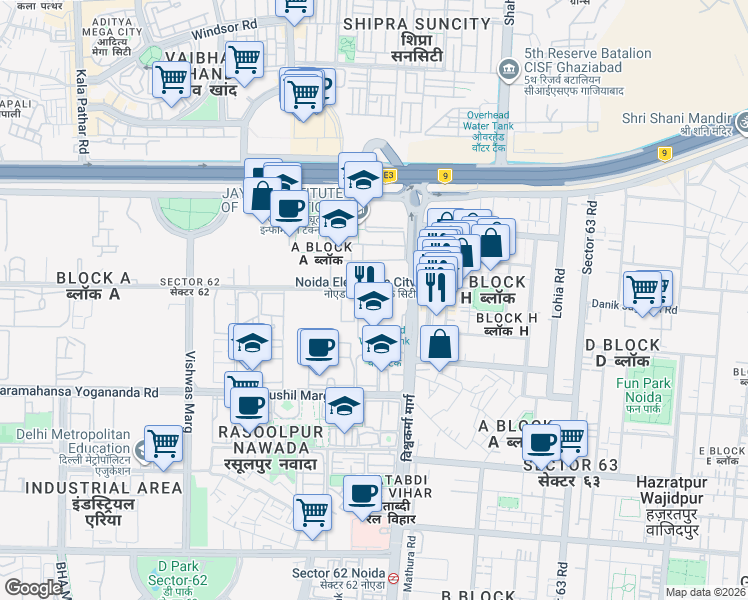 map of restaurants, bars, coffee shops, grocery stores, and more near in Noida